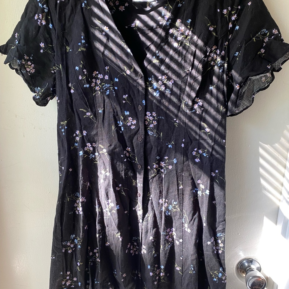 Mini black floral shirt dress